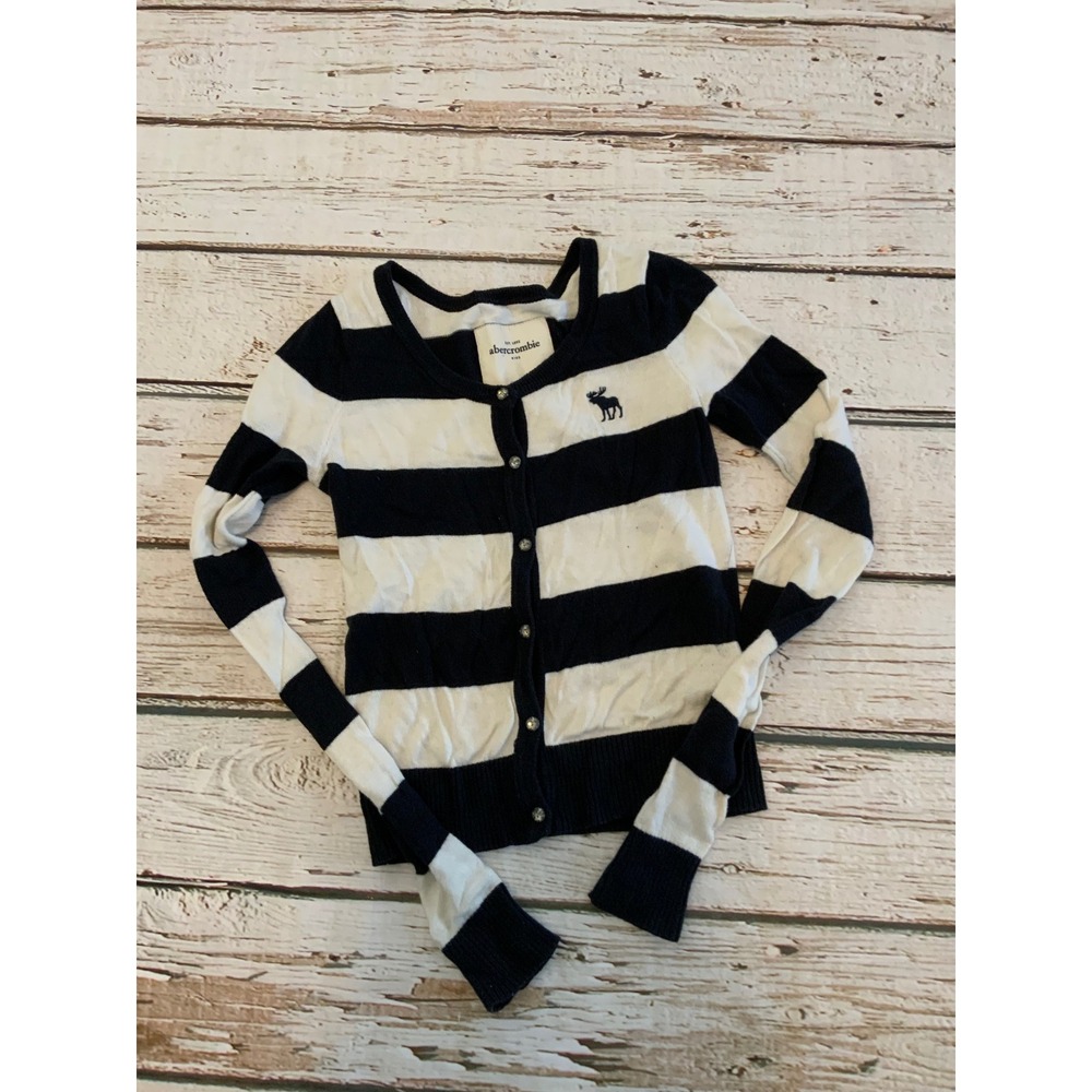 Abercrombie Kids Navy Blue White‎ Striped Cardigan Sweater Rhinestone Buttons M